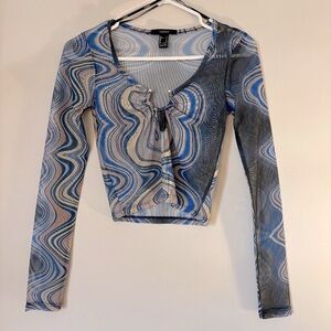 Printed Mesh Sheer Long-Sleeve Top